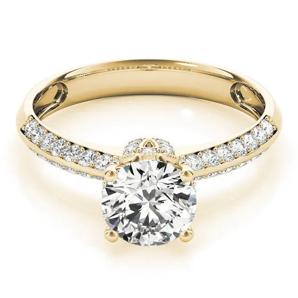 Yellow gold Round Solitaire Split Shank Pave Diamond Engagement Ring with Four-Prong Setting