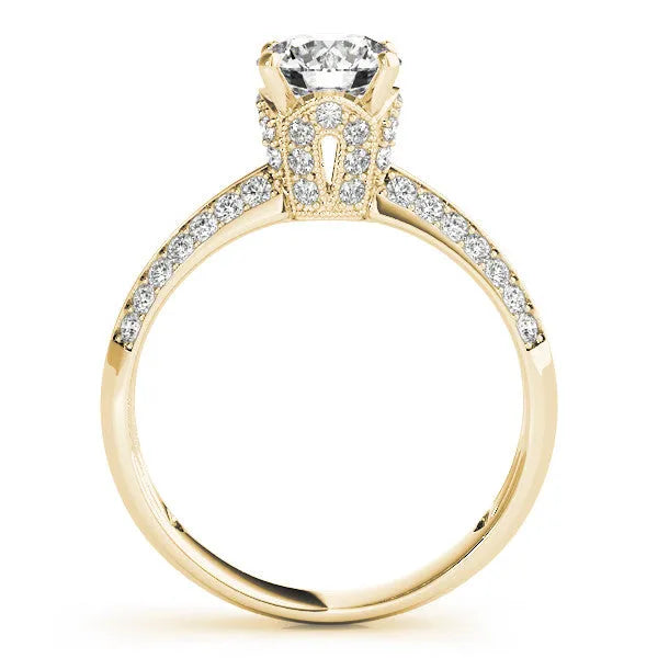Yellow gold Round Solitaire Split Shank Pave Diamond Engagement Ring with Four-Prong Setting