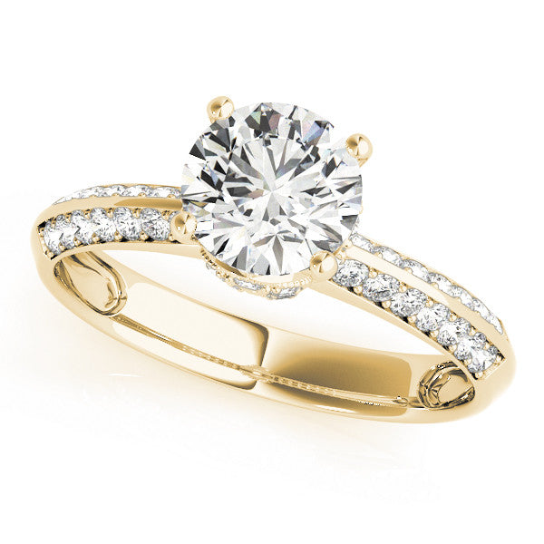 Yellow gold Round Solitaire Split Shank Pave Diamond Engagement Ring with Four-Prong Setting