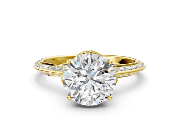 Yellow gold Round Solitaire Split Shank Pave Diamond Engagement Ring with Four-Prong Setting