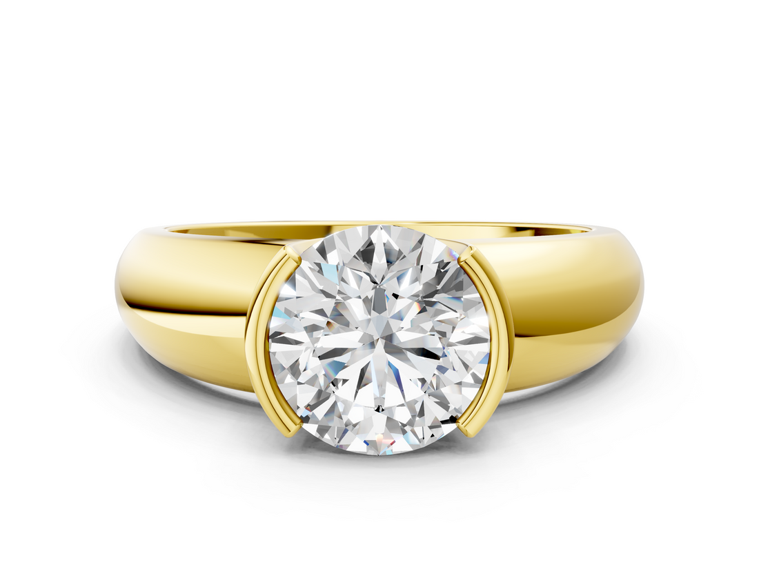 Yellow gold Round Solitaire Tension Set Diamond Ring with Wide Band_23