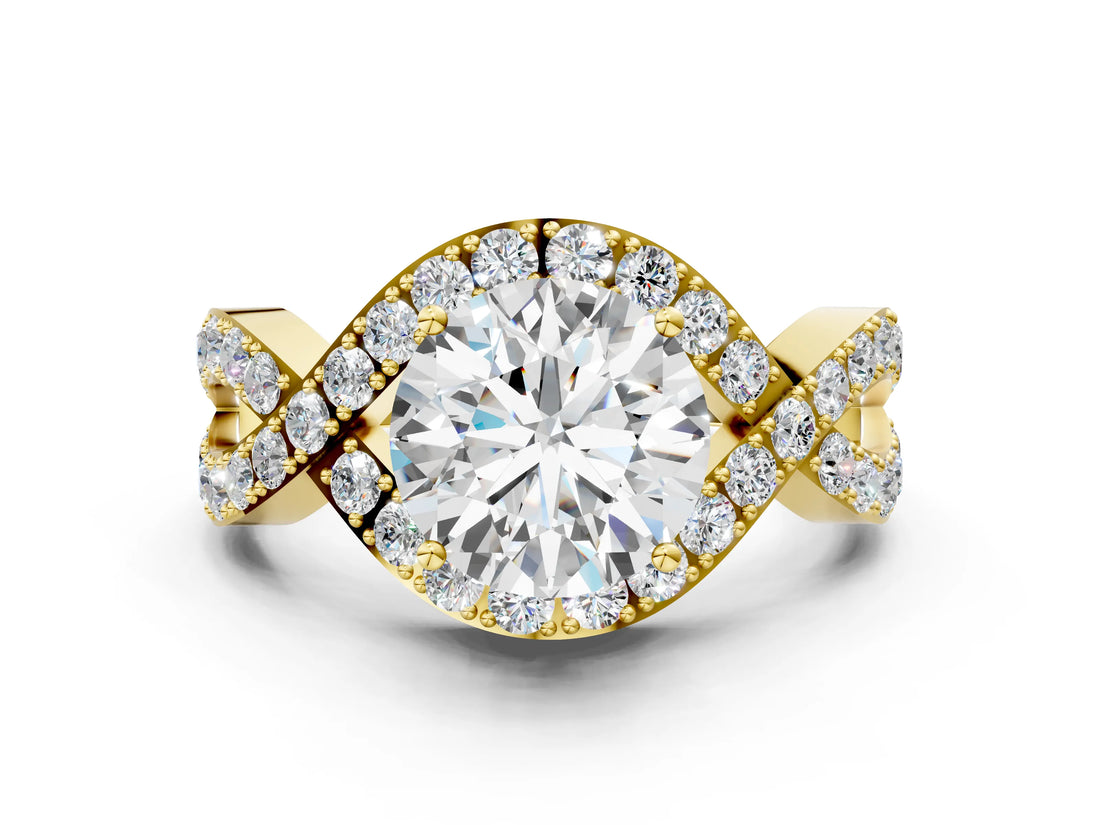 Yellow gold Round Solitaire Twist Band Pavé Diamond Engagement Ring_35