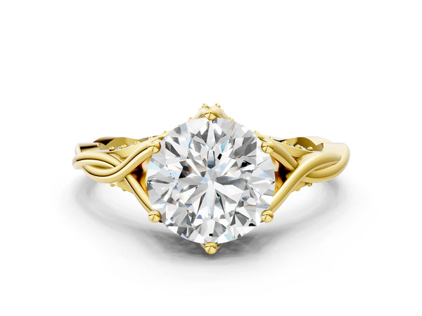 Yellow Gold Round Twisted Solitaire Engagement Ring Setting with Pave Shoulders and Gallery