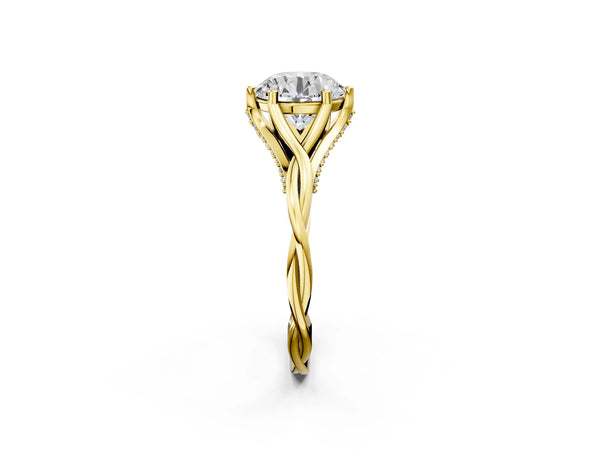 Yellow Gold Round Twisted Solitaire Engagement Ring Setting with Pave Shoulders and Gallery