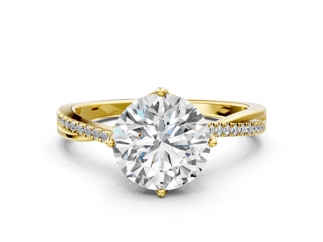 Yellow gold Round Solitaire Twist Band with Pavé Diamonds and Four-Prong Setting_59