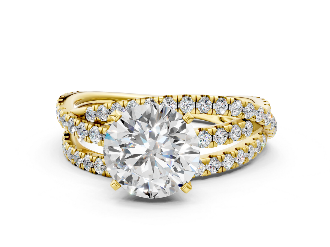 Yellow gold Round Solitaire Twist Band with Pavé Setting and Four-Prong Setting_115