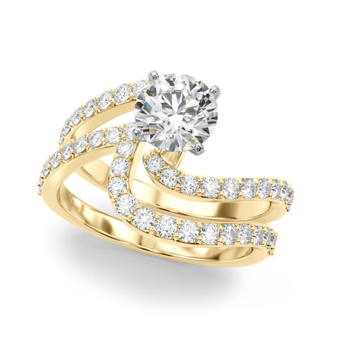 Yellow gold Round Solitaire Twist Band with Pave Set Diamonds and Four-Prong Setting 1