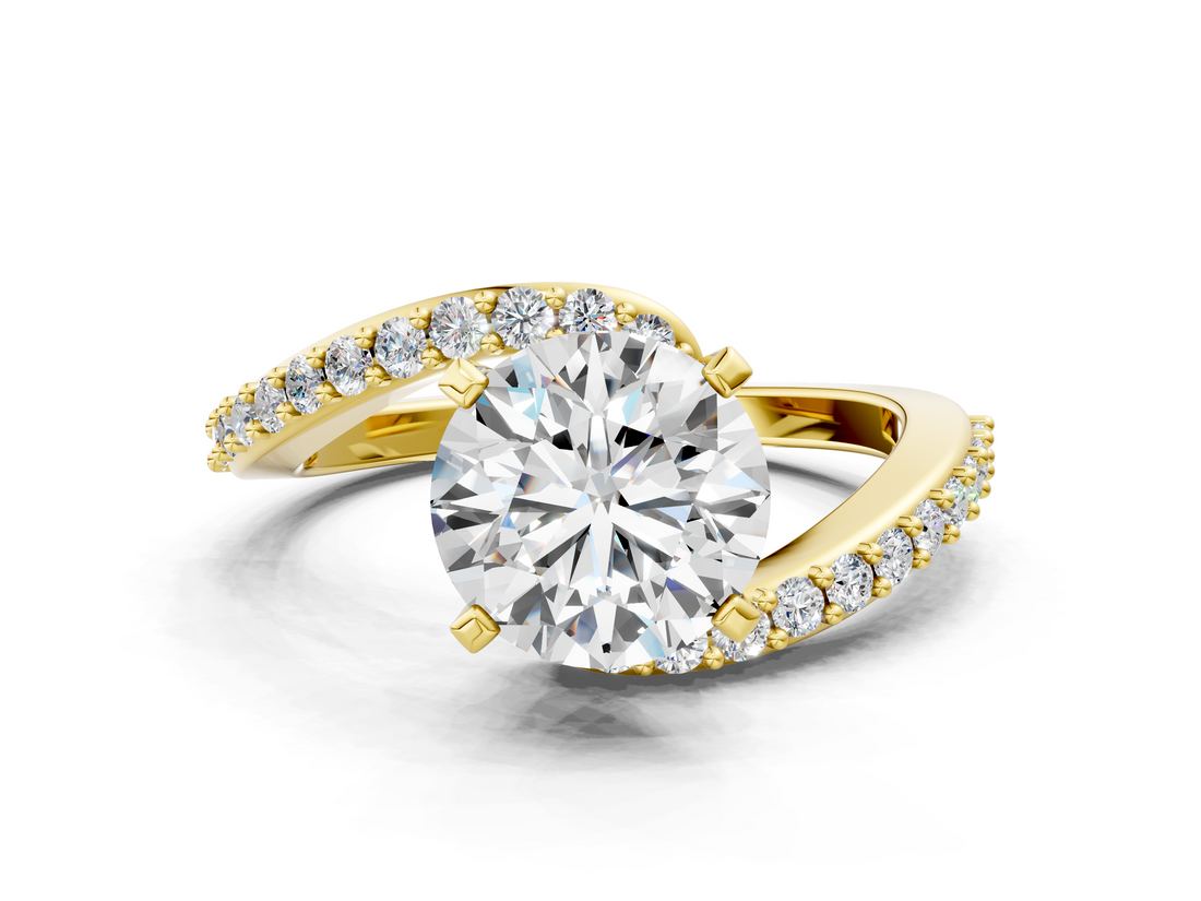 Yellow gold Round Solitaire Twist Band with Pave Set Diamonds and Four-Prong Setting_130