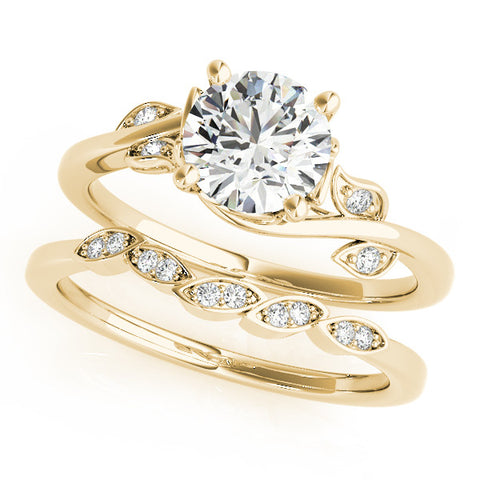 Yellow gold Round Solitaire Twist Engagement Ring with Leaf Accents and Prong Setting 1