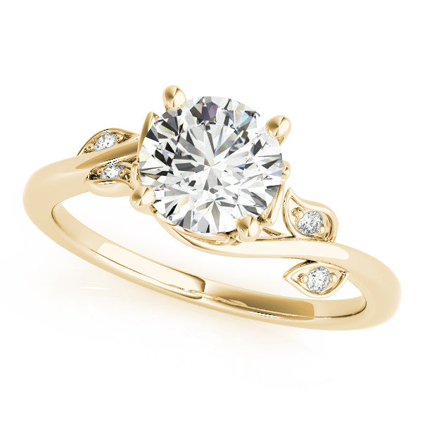 Yellow gold Round Solitaire Twist Engagement Ring with Leaf Accents and Prong Setting