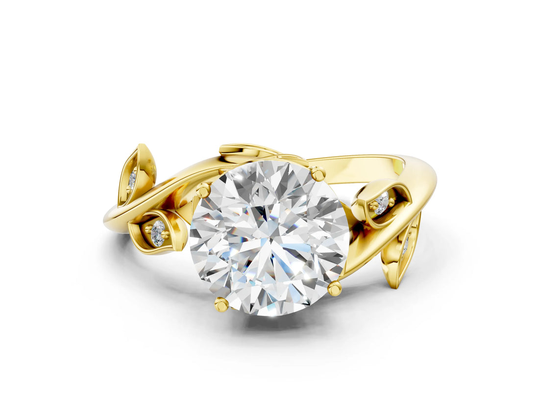 Yellow gold Round Solitaire Twist Engagement Ring with Leaf Accents and Prong Setting_15