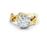 Yellow gold Round Solitaire Twist Engagement Ring with Leaf Accents and Prong Setting_15