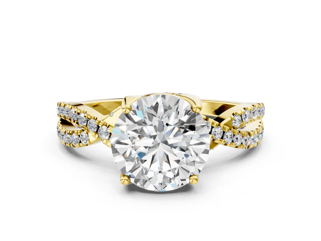 Yellow gold Round Solitaire Twist Pave Diamond Engagement Ring with Prong Setting_19