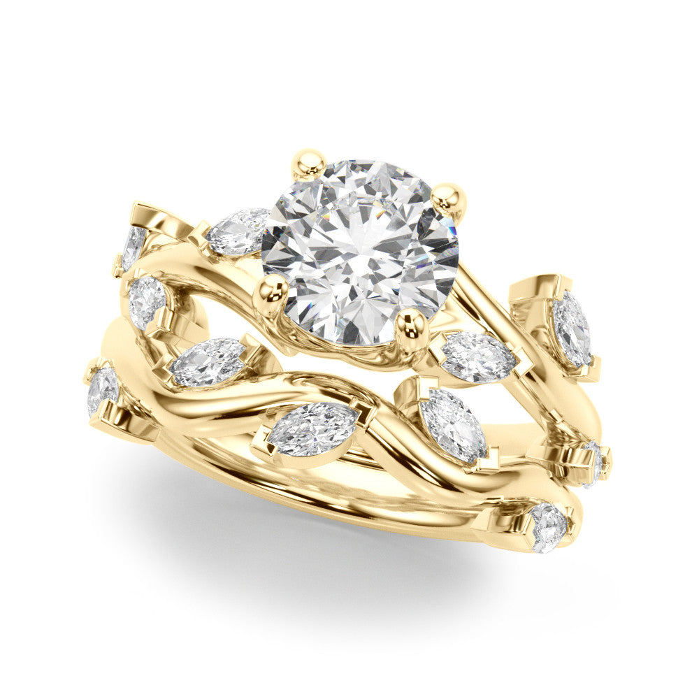 Yellow gold Round Solitaire Twisted Band Marquise Accent Prong Setting Ring 1
