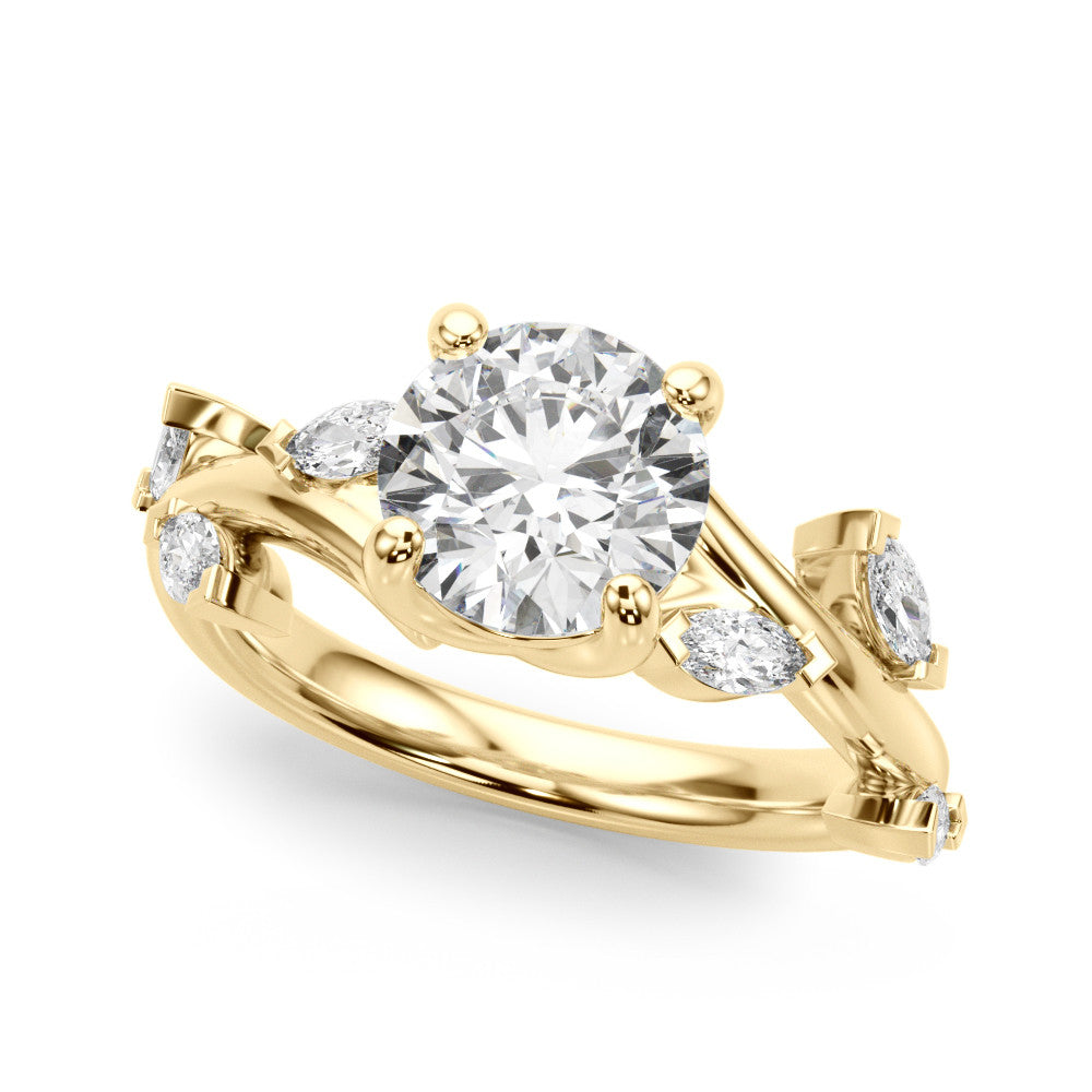 Yellow gold Round Solitaire Twisted Band Marquise Accent Prong Setting Ring