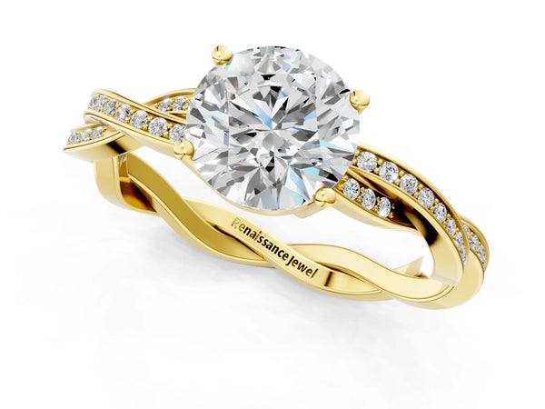 Yellow gold Round Solitaire Twisted Band Pavé Diamond Ring