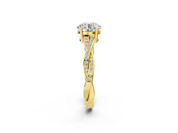 Yellow gold Round Solitaire Twisted Band Pavé Diamond Ring