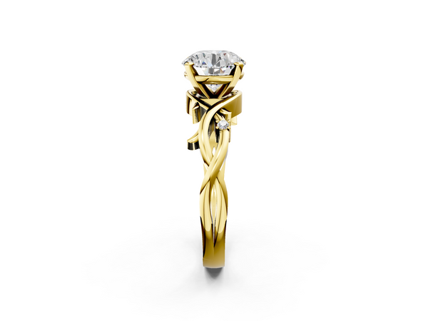 Yellow Gold Round Solitaire Engagement Ring Setting with Vine Twist Band, Leaf Curls and Accents