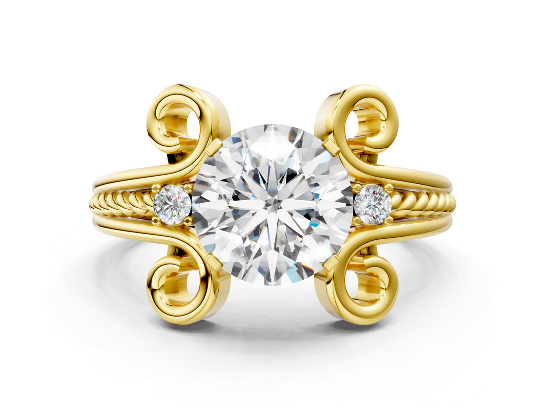 Yellow gold Round Solitaire Twisted Band Scroll Prong Ring_3