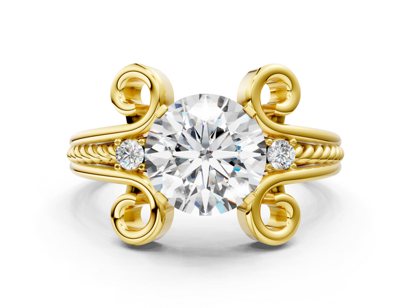 Yellow Gold Round Solitaire Engagement Ring Setting with Scroll Shoulders and Rope Twist Band