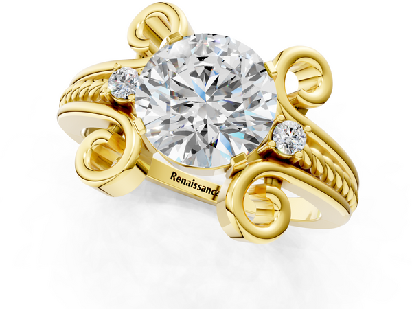 Yellow Gold Round Solitaire Engagement Ring Setting with Scroll Shoulders and Rope Twist Band