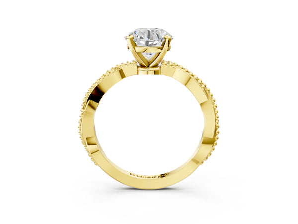 Yellow gold Round Solitaire Twisted Band with Bead Prong Setting