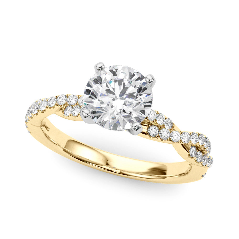 Yellow gold Round Solitaire Twisted Pave Band with Four-Prong Setting