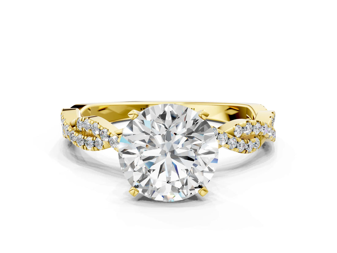 Yellow gold Round Solitaire Twisted Pave Band with Four-Prong Setting_8