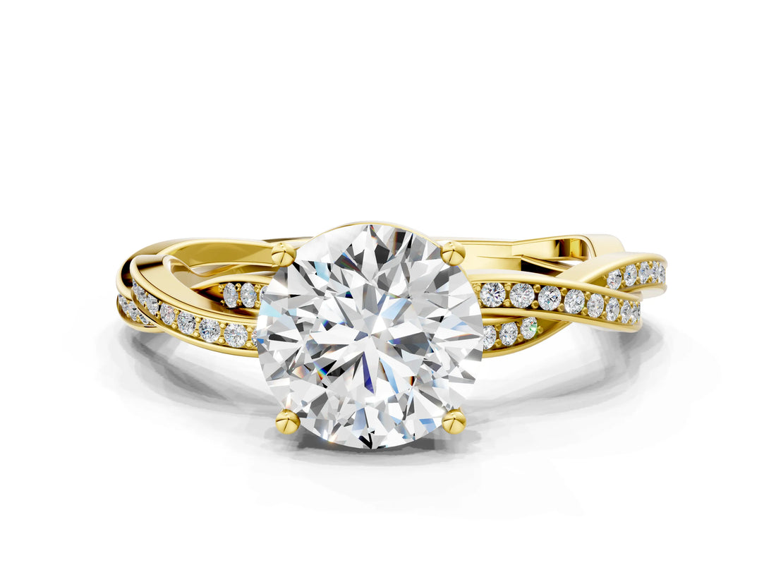 Yellow gold Round Solitaire Twisted Pave Diamond Ring with Four-Prong Setting_102