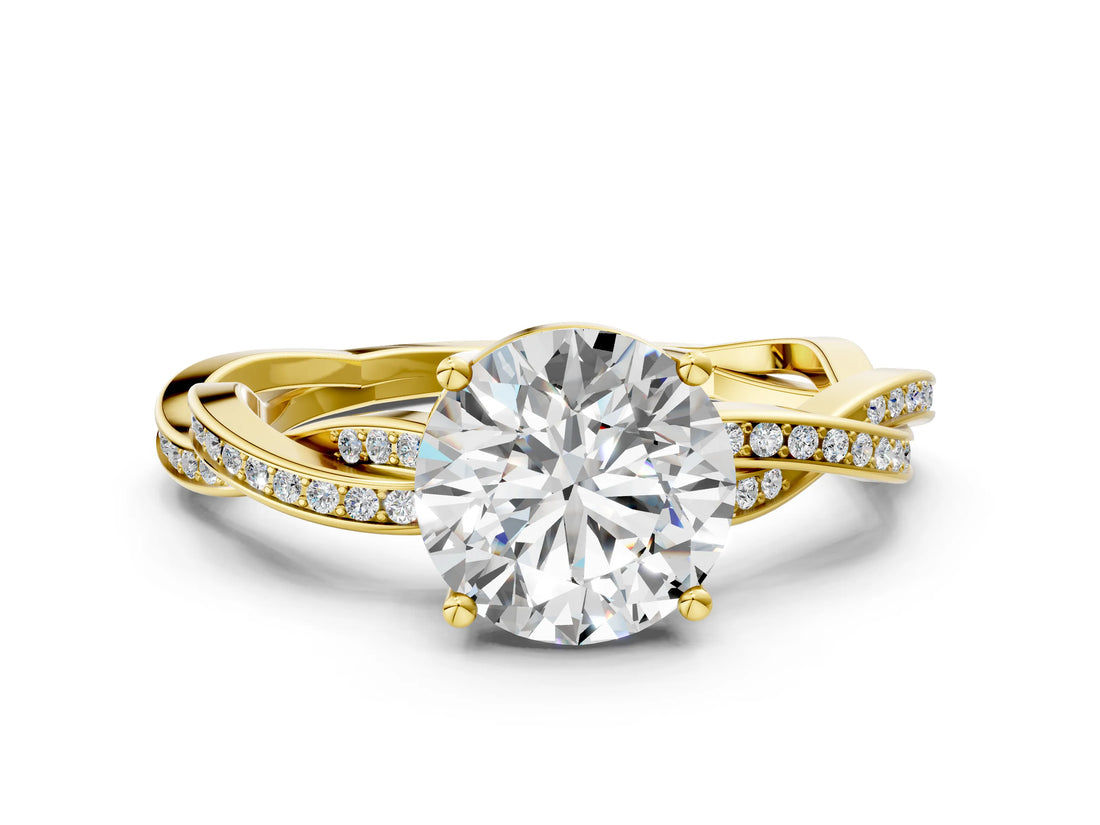 Yellow gold Round Solitaire Twisted Pave Diamond Ring with Four-Prong Setting_12