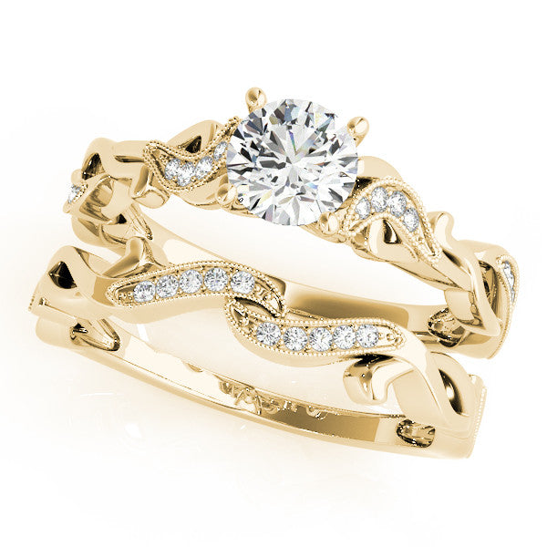 Yellow gold Round Solitaire Vine Band with Milgrain Prong Setting 1