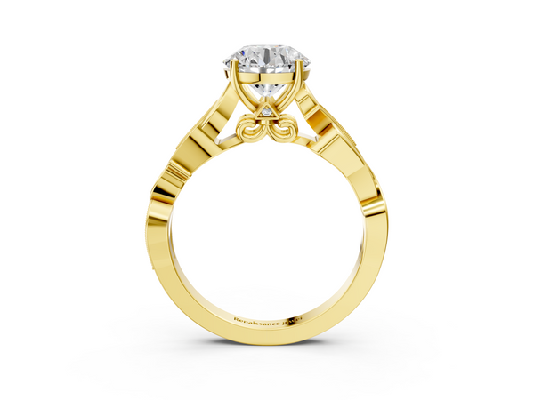 Yellow gold Round Solitaire Vine Band with Milgrain Prong Setting