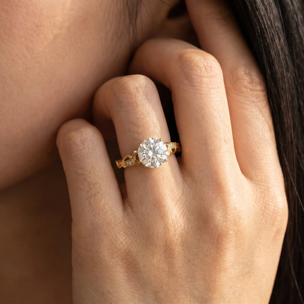 Yellow gold Round Solitaire Vine Band with Milgrain Prong Setting