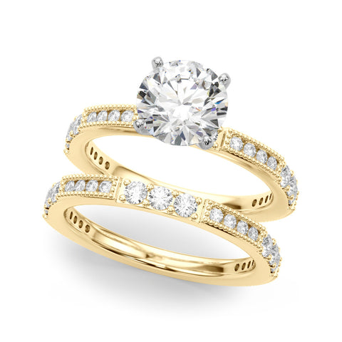 Yellow gold Round Solitaire with Pavé Band and Four-Prong Setting 1
