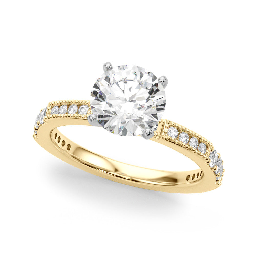 Yellow gold Round Solitaire with Pavé Band and Four-Prong Setting