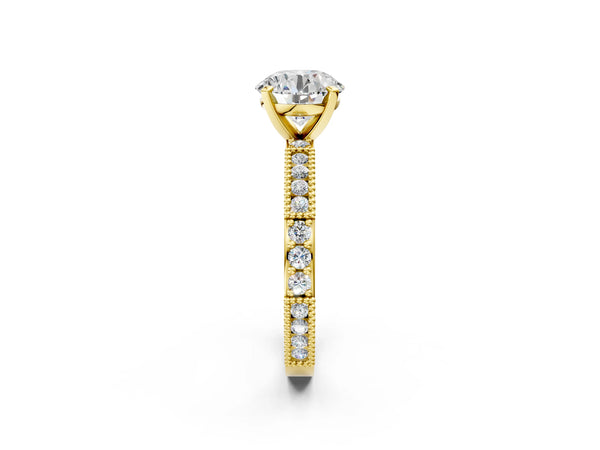 Yellow Gold Round Vintage Solitaire Engagement Ring Setting with Milgrain-Edge Pave Band