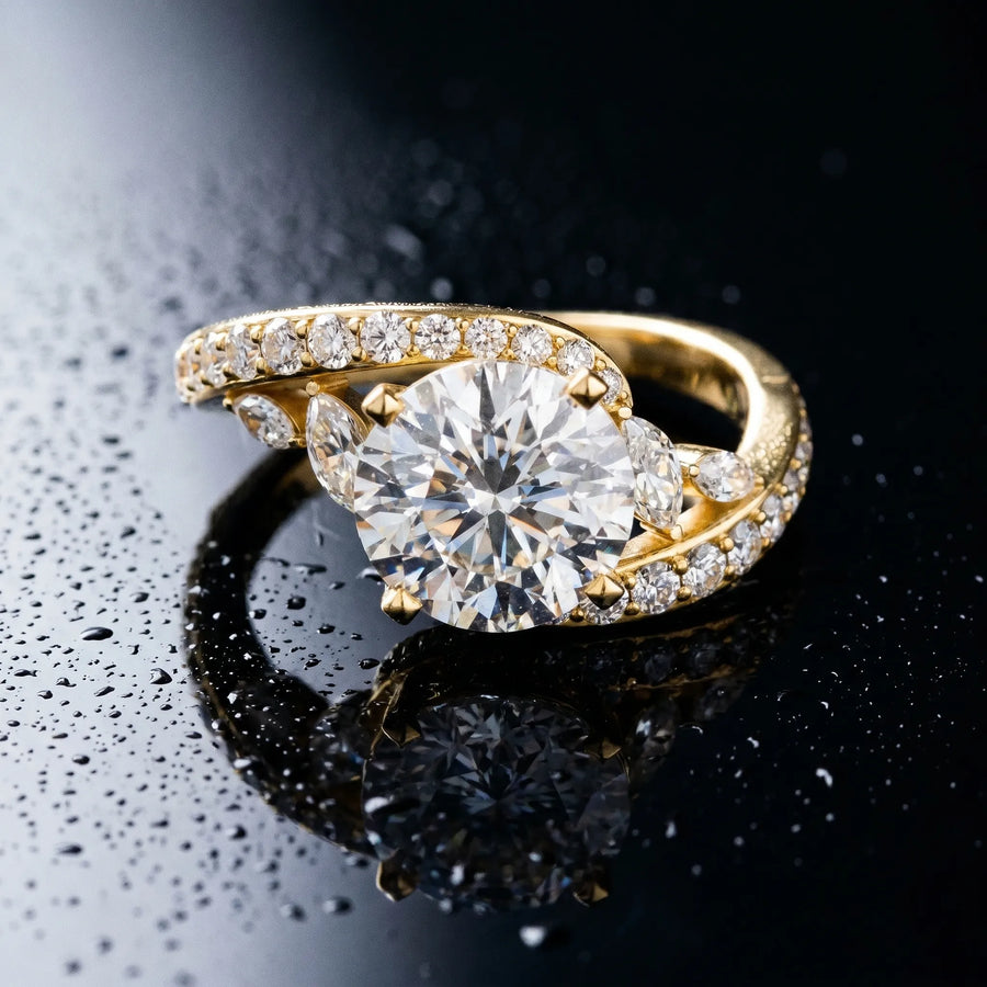 Yellow gold Round Solitaire with Pavé Twist Band and Four-Prong Setting