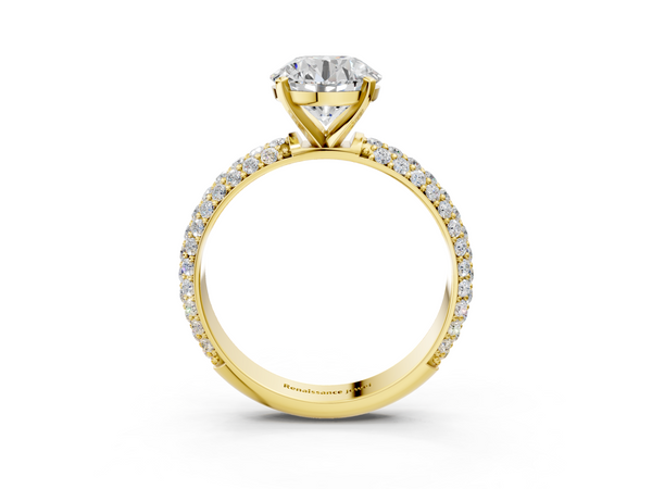 Yellow gold Round Diamond Solitaire Ring with Prong Setting and Pavé Band