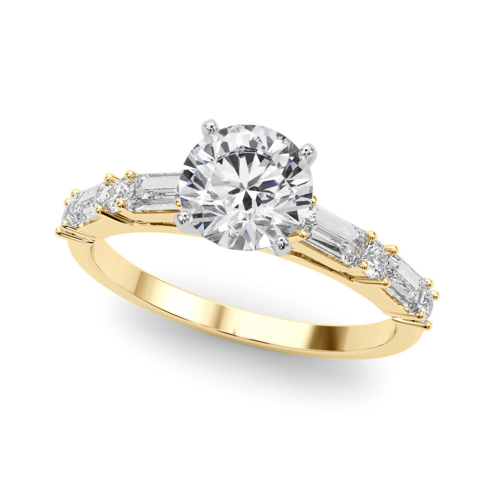 Yellow gold Round Solitaire with Side Baguettes and Channel Set Band