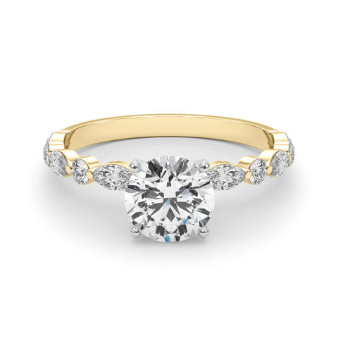 Yellow gold Round Solitaire with Side Stones on a Pavé Band and Four-Prong Setting 1