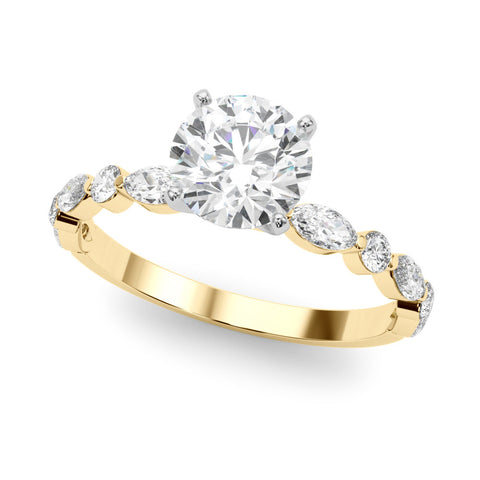 Yellow gold Round Solitaire with Side Stones on a Pavé Band and Four-Prong Setting