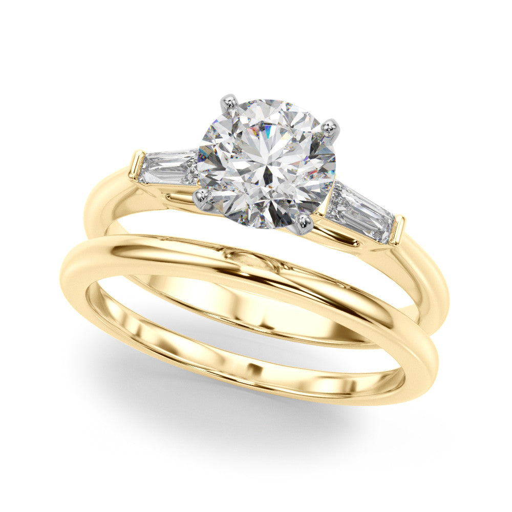 Yellow gold Round Solitaire with Tapered Baguette Side Stones on a Classic Band with Four-Prong Setting 1