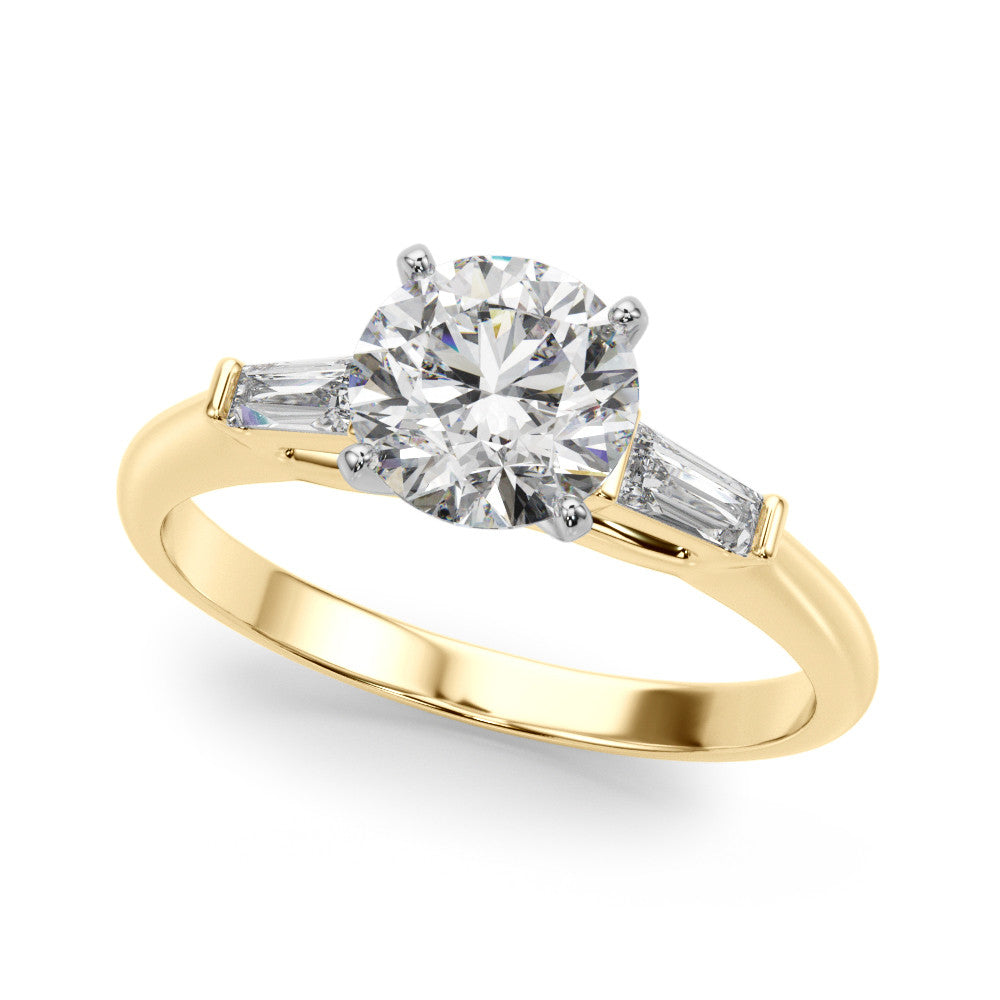 Yellow gold Round Solitaire with Tapered Baguette Side Stones on a Classic Band with Four-Prong Setting