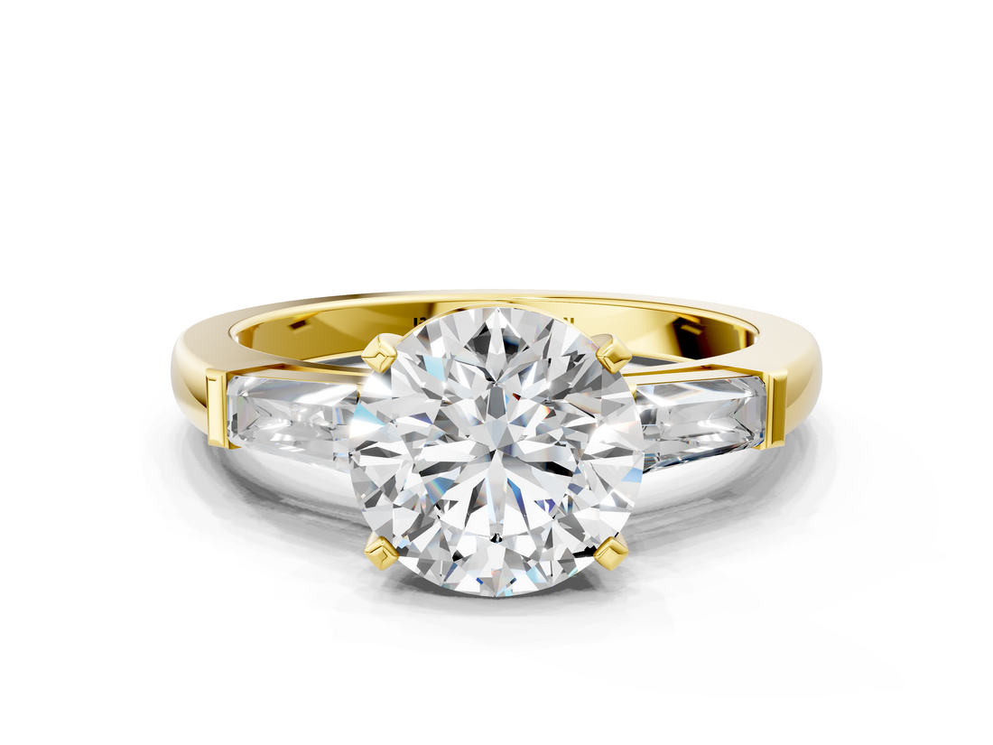 Yellow gold Round Solitaire with Tapered Baguette Side Stones on a Classic Band with Four-Prong Setting_133