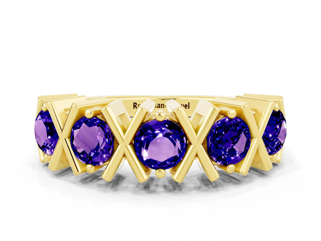 Yellow gold Round Tanzanite Channel Set Band with X-Prong Detail_6