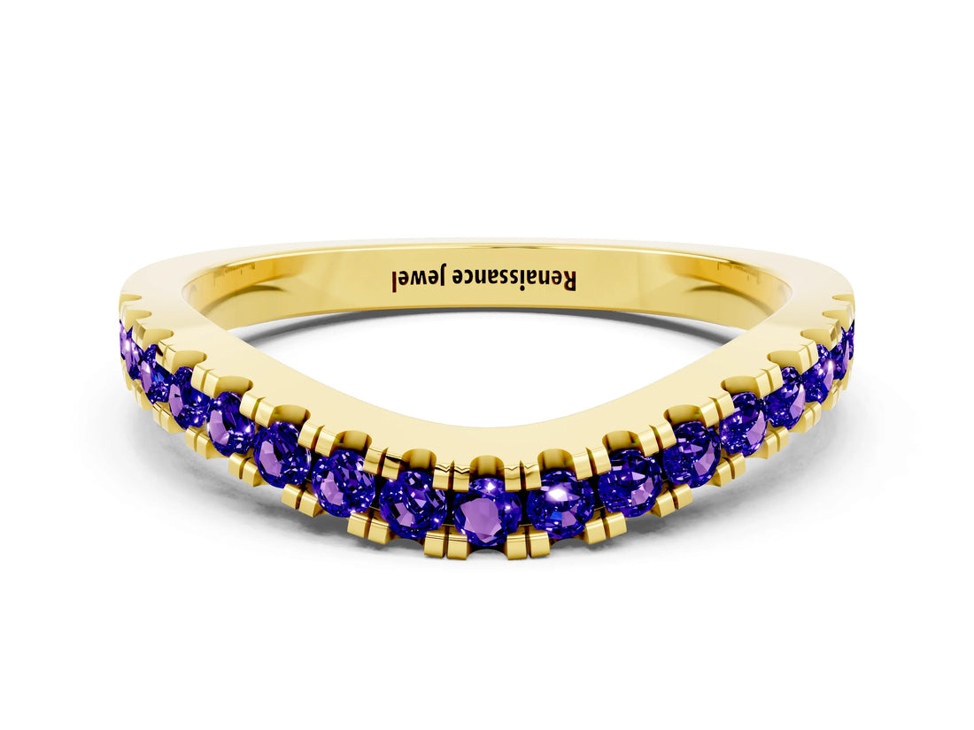 Yellow gold Round Tanzanite Pavé Curved Band with Shared Prong Setting_6