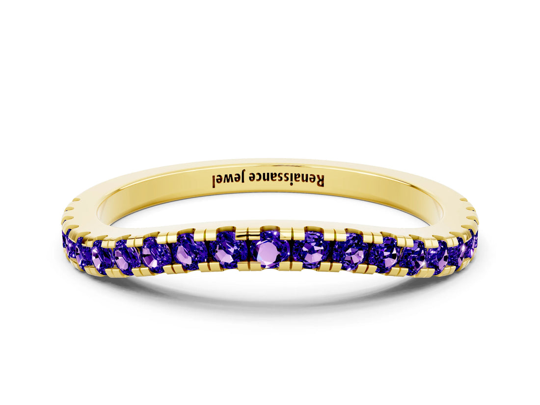 Yellow gold Round Tanzanite Pavé Half Eternity Band with Shared Prong Setting_6