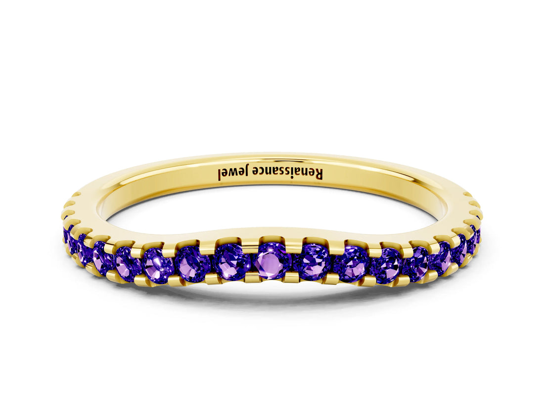 Yellow gold Round Tanzanite Pavé Set Curved Wedding Band_6