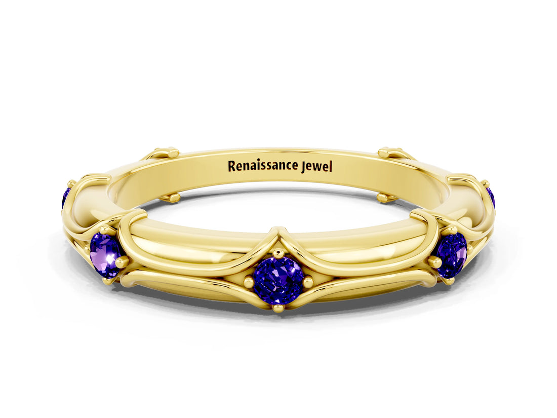 Yellow gold Round Tanzanite Prong Set Milgrain Eternity Band_6