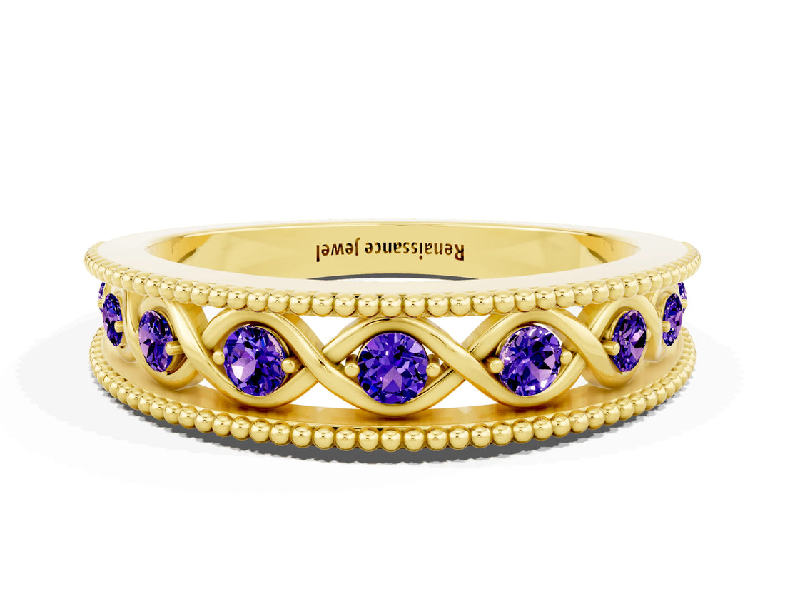 Yellow gold Round Tanzanite Twist Milgrain Band with Bezel Setting_12